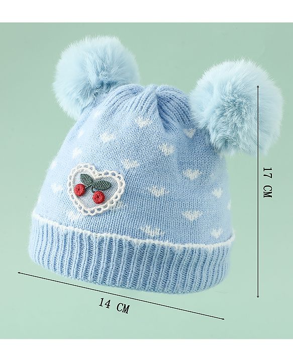 Babyhug Woollen Pom Pom Cap With Heart Print Red Diameter 11 cm