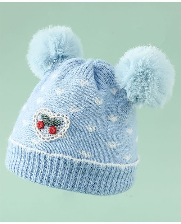 Babyhug Woollen Pom Pom Cap With Heart Print Red Diameter 11 cm