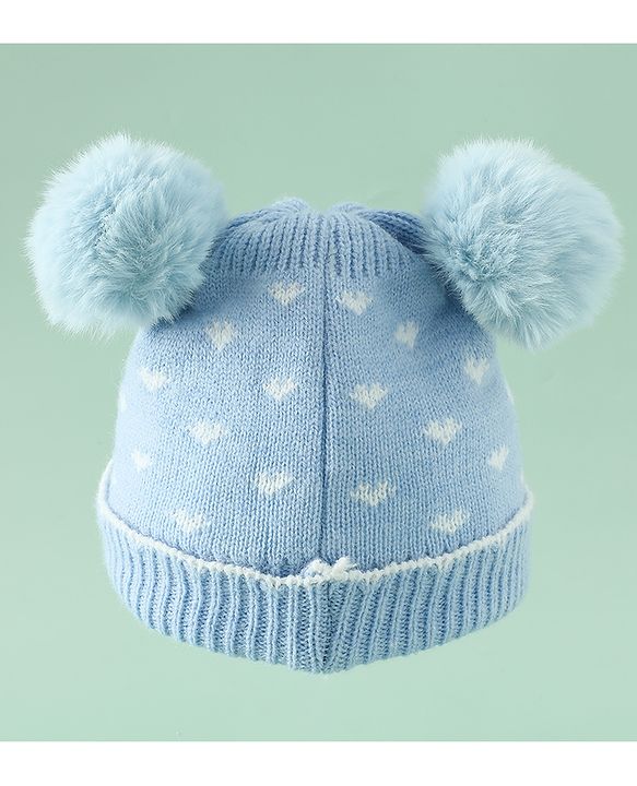 Babyhug Woollen Pom Pom Cap With Heart Print Red Diameter 11 cm