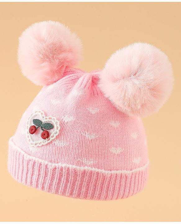 Babyhug Woollen Pom Pom Cap With Heart Print Red Diameter 11 cm
