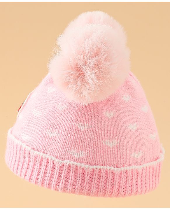 Babyhug Woollen Pom Pom Cap With Heart Print Red Diameter 11 cm
