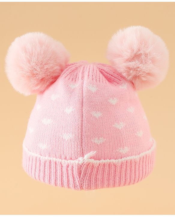 Babyhug Woollen Pom Pom Cap With Heart Print Red Diameter 11 cm
