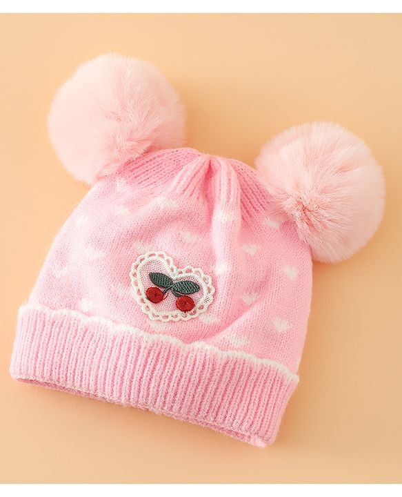 Babyhug Woollen Pom Pom Cap With Heart Print Red Diameter 11 cm
