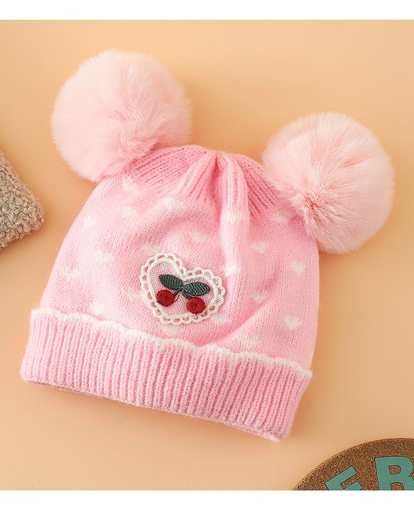 Babyhug Woollen Pom Pom Cap With Heart Print Red Diameter 11 cm