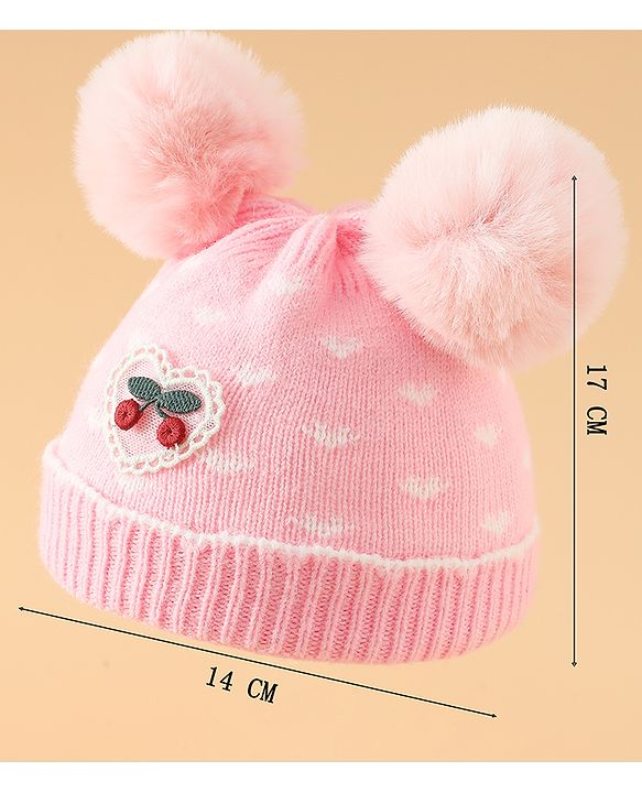 Babyhug Woollen Pom Pom Cap With Heart Print Red Diameter 11 cm