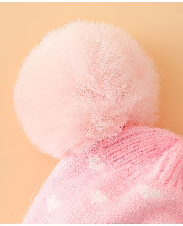 Babyhug Woollen Pom Pom Cap With Heart Print Red Diameter 11 cm