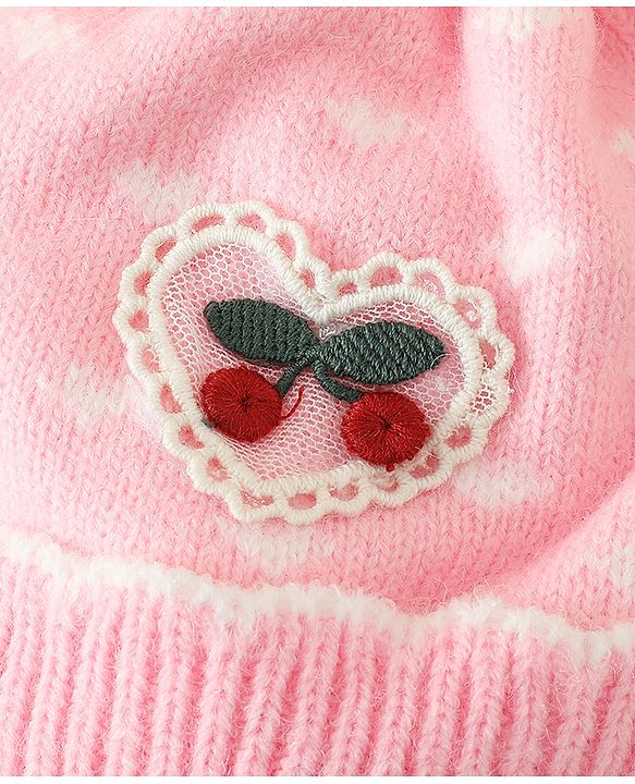 Babyhug Woollen Pom Pom Cap With Heart Print Red Diameter 11 cm