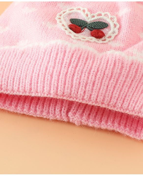 Babyhug Woollen Pom Pom Cap With Heart Print Red Diameter 11 cm