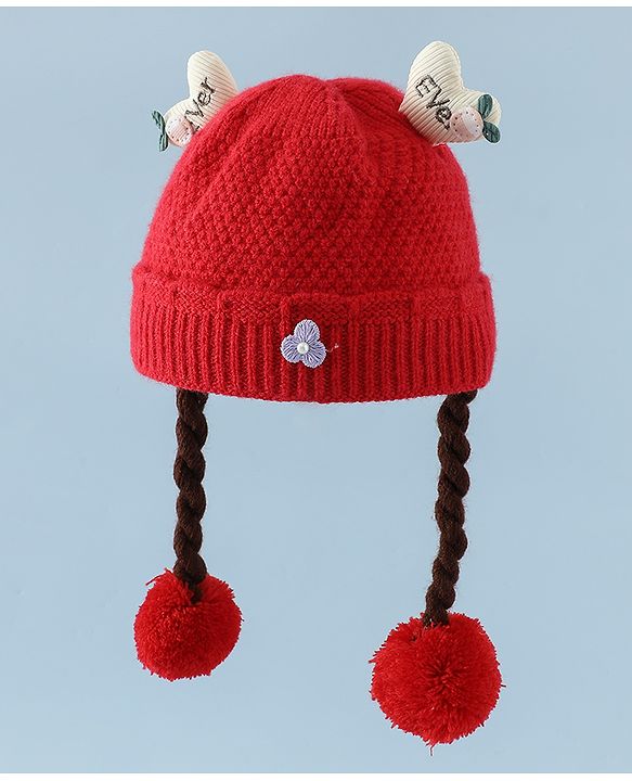 Babyhug Woollen Cap With Flower Applique in Red - Diameter 16 cm