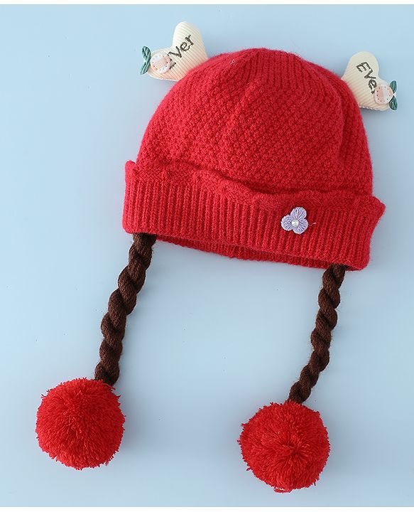 Babyhug Woollen Cap With Flower Applique in Red - Diameter 16 cm