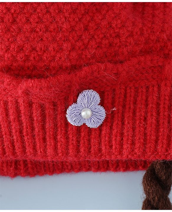 Babyhug Woollen Cap With Flower Applique in Red - Diameter 16 cm