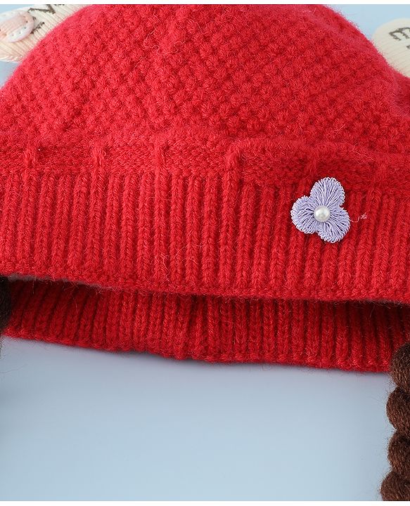 Babyhug Woollen Cap With Flower Applique in Red - Diameter 16 cm