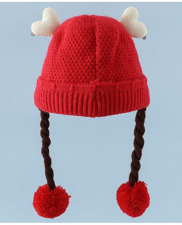 Babyhug Woollen Cap With Flower Applique in Red - Diameter 16 cm