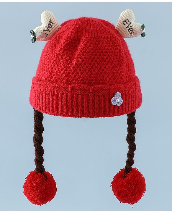 Babyhug Woollen Cap With Flower Applique in Red - Diameter 16 cm