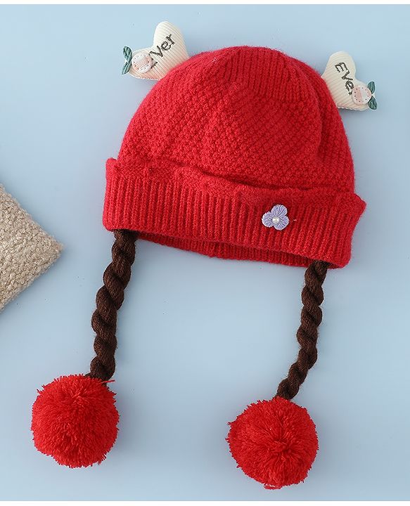 Babyhug Woollen Cap With Flower Applique in Red - Diameter 16 cm