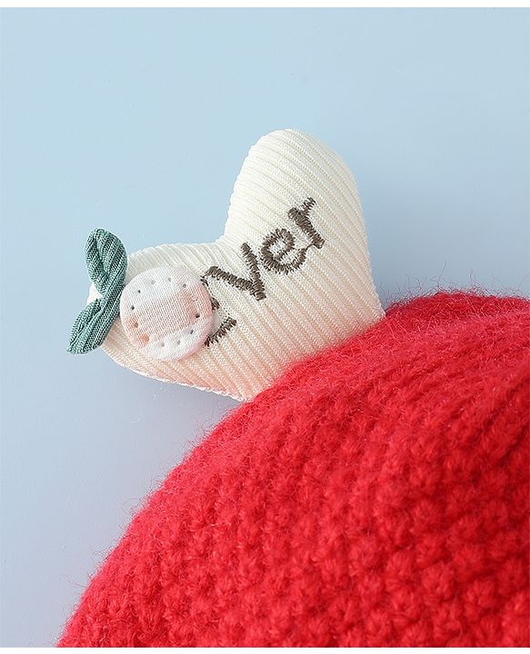 Babyhug Woollen Cap With Flower Applique in Red - Diameter 16 cm