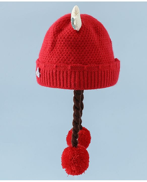 Babyhug Woollen Cap With Flower Applique in Red - Diameter 16 cm