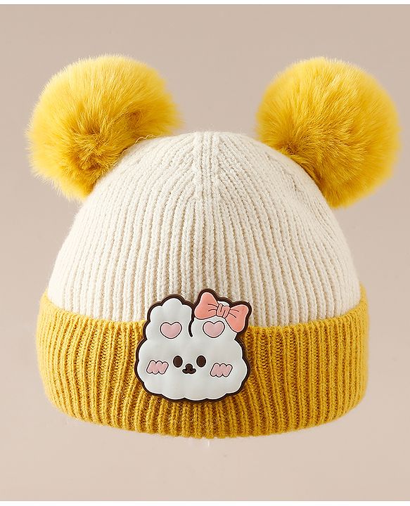 Babyhug Woollen Cap With Bear Applique in Beige - Diameter 15.5 cm
