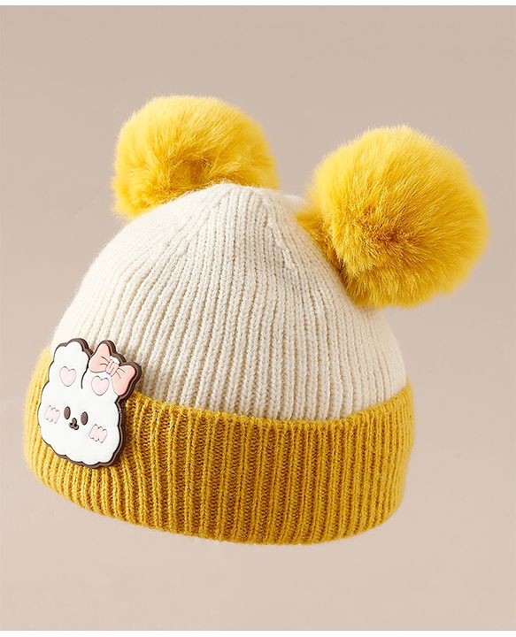 Babyhug Woollen Cap With Bear Applique in Beige - Diameter 15.5 cm