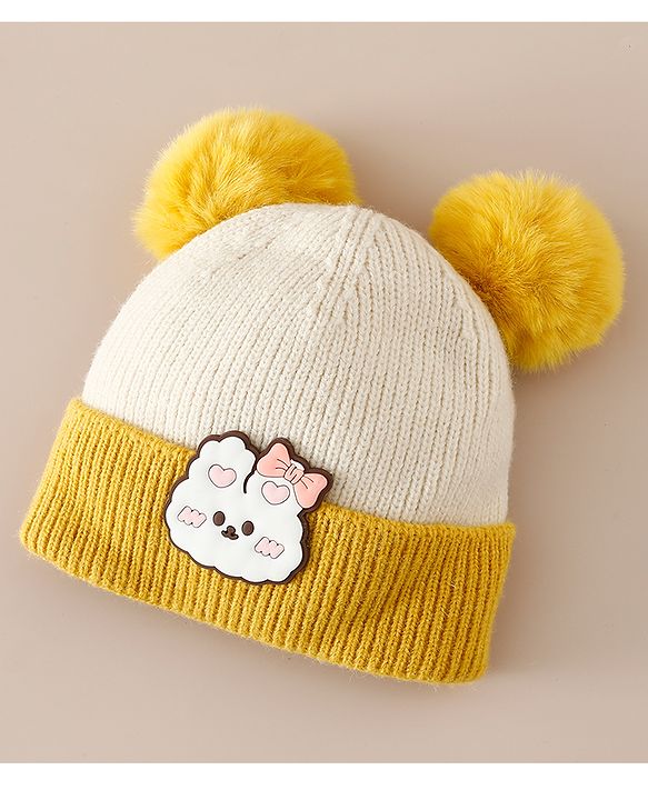 Babyhug Woollen Cap With Bear Applique in Beige - Diameter 15.5 cm