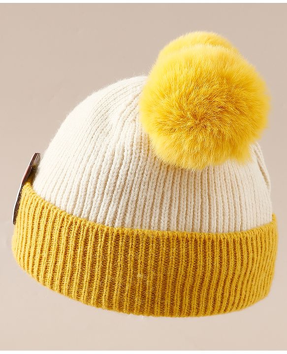 Babyhug Woollen Cap With Bear Applique in Beige - Diameter 15.5 cm