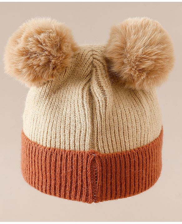 Babyhug Woollen Cap With Bear Applique in Beige - Diameter 15.5 cm