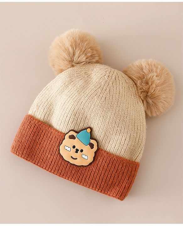 Babyhug Woollen Cap With Bear Applique in Beige - Diameter 15.5 cm