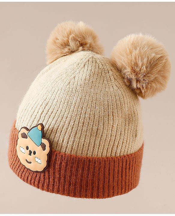 Babyhug Woollen Cap With Bear Applique in Beige - Diameter 15.5 cm