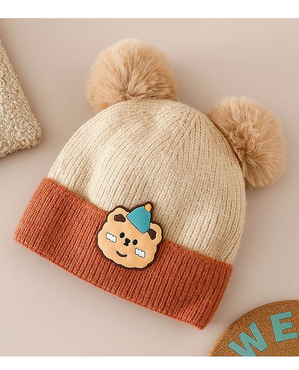 Babyhug Woollen Cap With Bear Applique in Beige - Diameter 15.5 cm