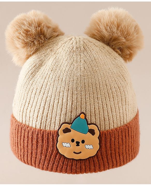 Babyhug Woollen Cap With Bear Applique in Beige - Diameter 15.5 cm