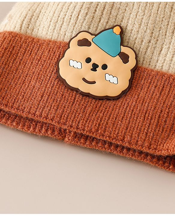 Babyhug Woollen Cap With Bear Applique in Beige - Diameter 15.5 cm