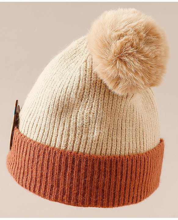 Babyhug Woollen Cap With Bear Applique in Beige - Diameter 15.5 cm