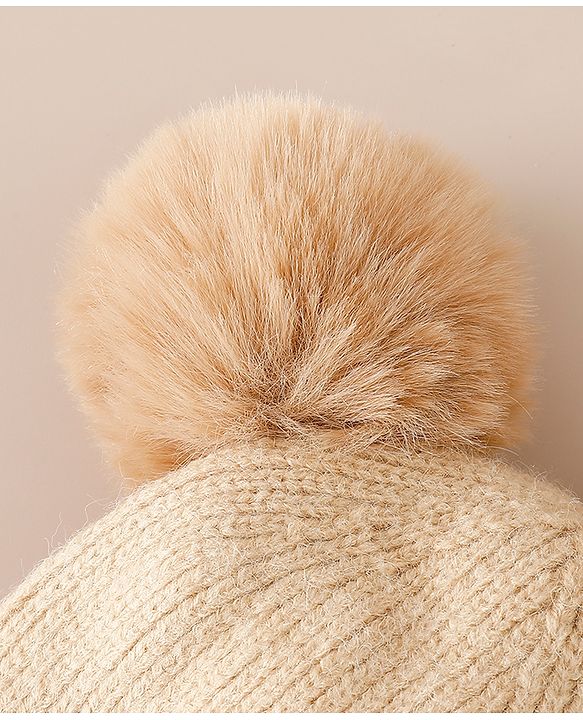 Babyhug Woollen Cap With Bear Applique in Beige - Diameter 15.5 cm