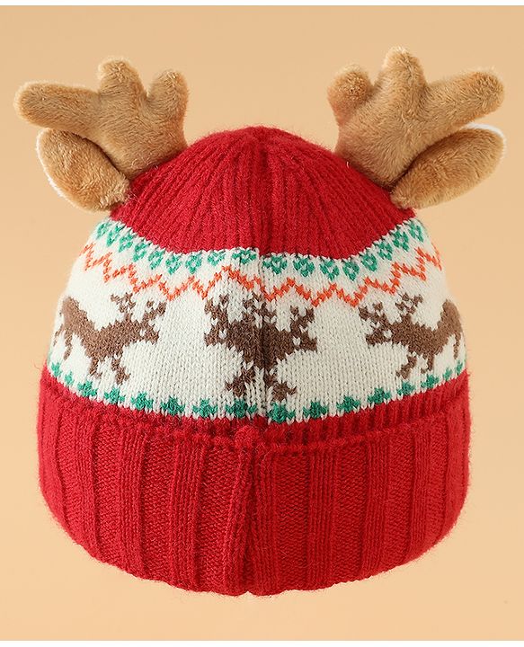 Babyhug Woollen Cap with Reindeer Applique in Red - Diameter 14 cm