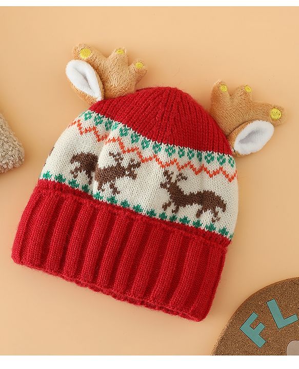 Babyhug Woollen Cap with Reindeer Applique in Red - Diameter 14 cm