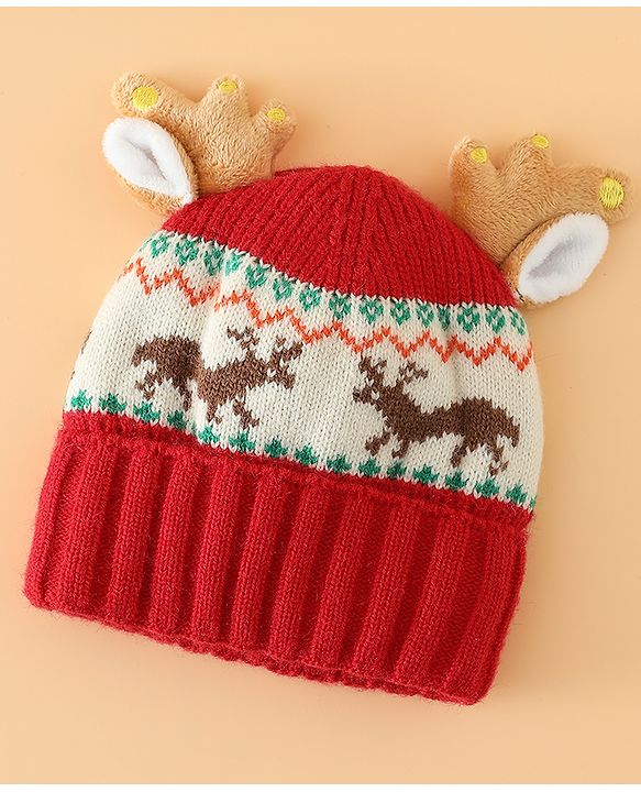 Babyhug Woollen Cap with Reindeer Applique in Red - Diameter 14 cm