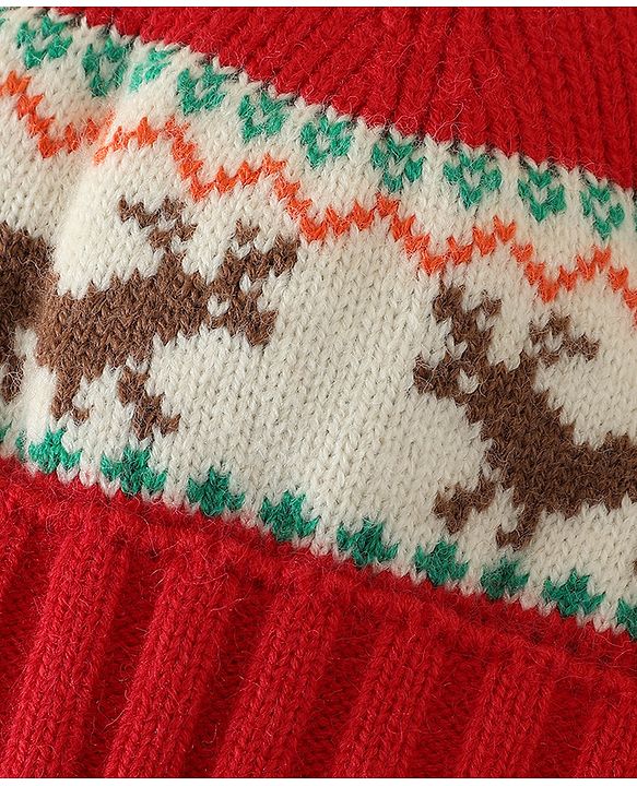 Babyhug Woollen Cap with Reindeer Applique in Red - Diameter 14 cm