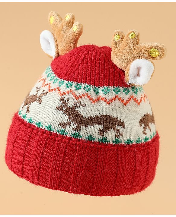 Babyhug Woollen Cap with Reindeer Applique in Red - Diameter 14 cm