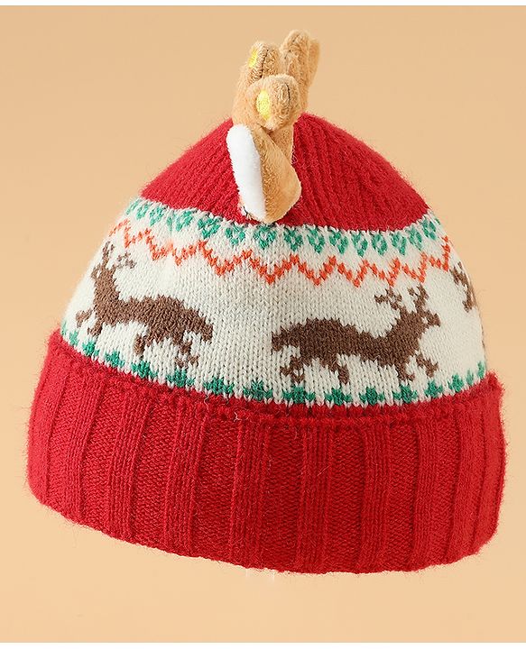 Babyhug Woollen Cap with Reindeer Applique in Red - Diameter 14 cm