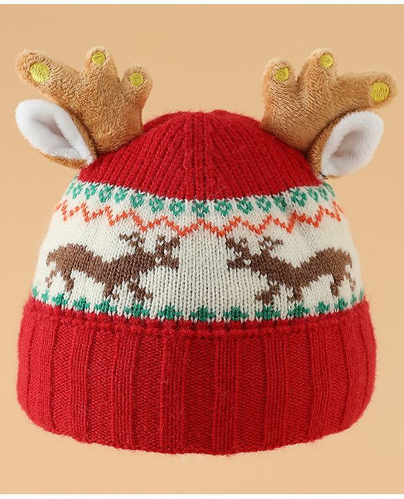 Babyhug Woollen Cap with Reindeer Applique in Red - Diameter 14 cm