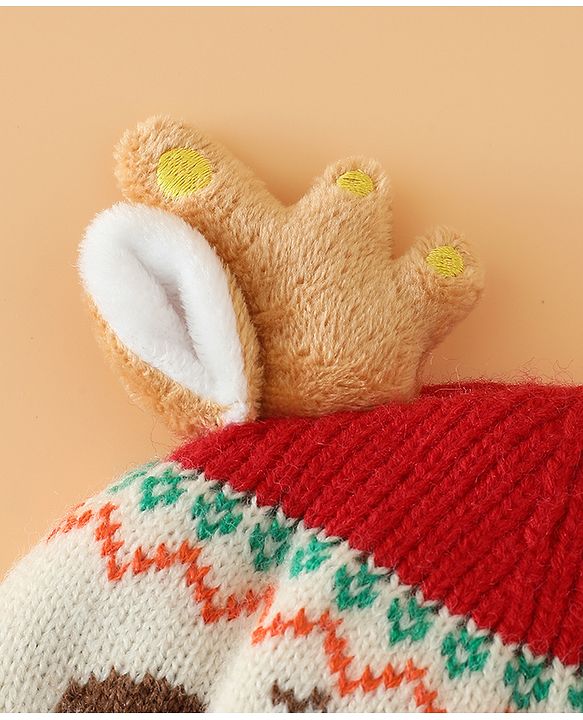 Babyhug Woollen Cap with Reindeer Applique in Red - Diameter 14 cm