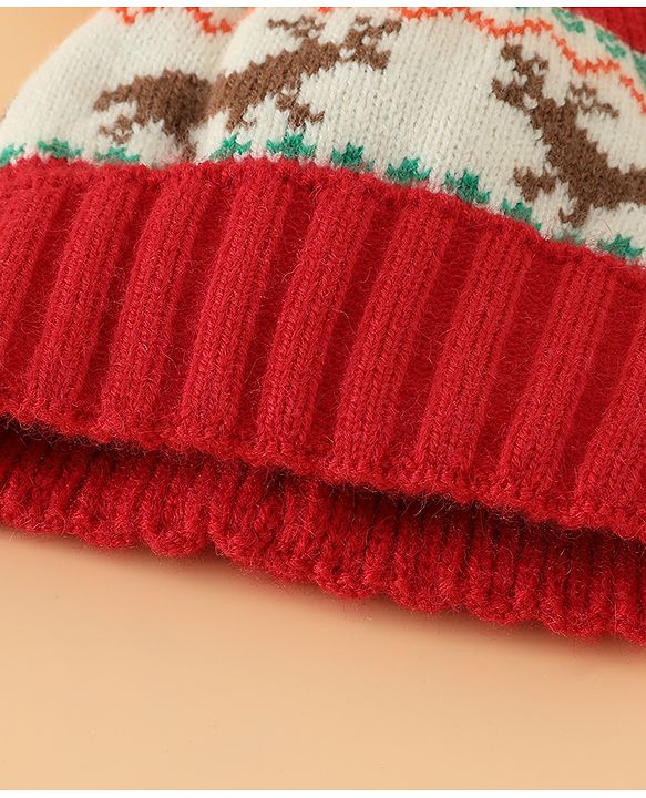 Babyhug Woollen Cap with Reindeer Applique in Red - Diameter 14 cm