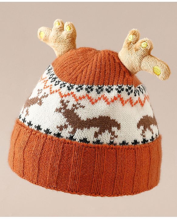Babyhug Woollen Cap with Reindeer Applique in Red - Diameter 14 cm