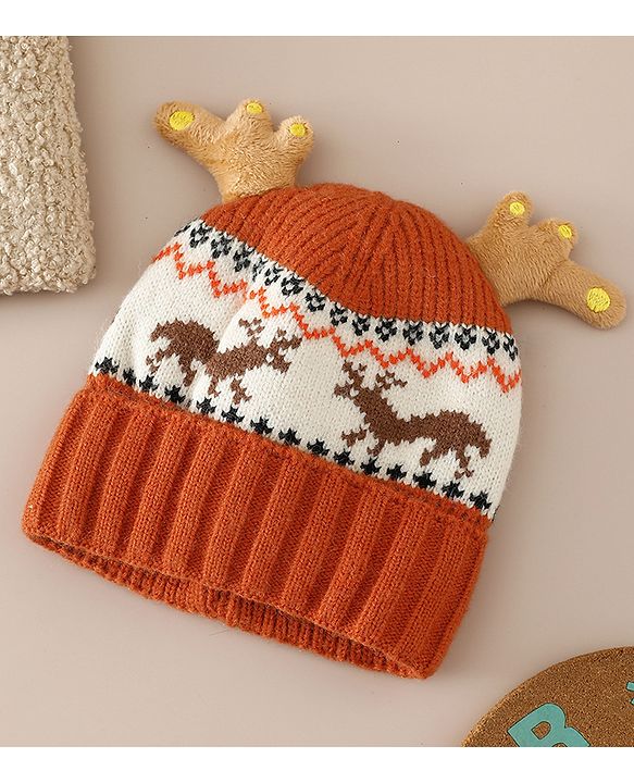 Babyhug Woollen Cap with Reindeer Applique in Red - Diameter 14 cm
