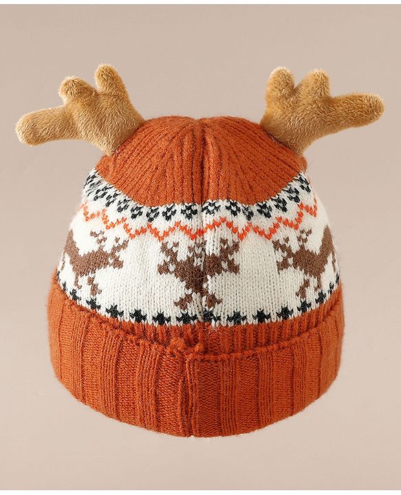 Babyhug Woollen Cap with Reindeer Applique in Red - Diameter 14 cm