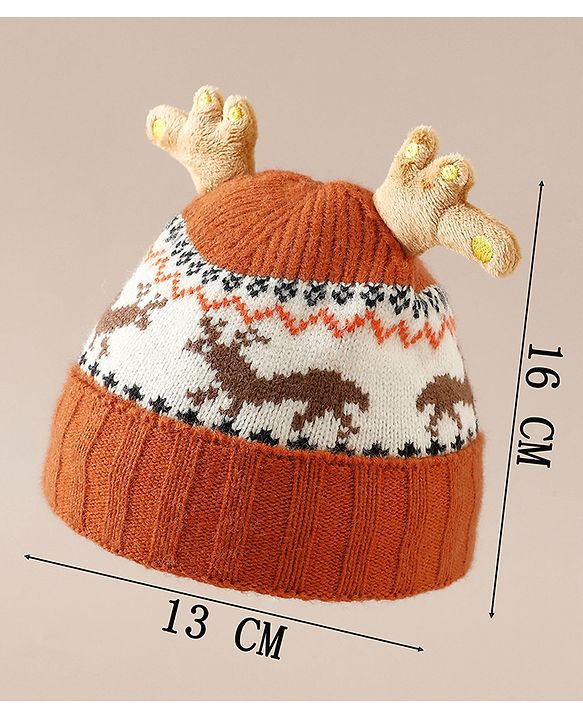 Babyhug Woollen Cap with Reindeer Applique in Red - Diameter 14 cm