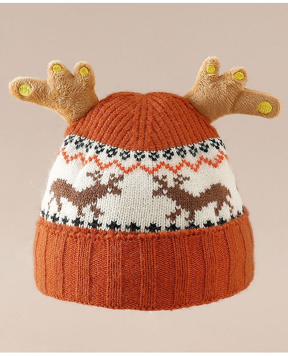 Babyhug Woollen Cap with Reindeer Applique in Red - Diameter 14 cm