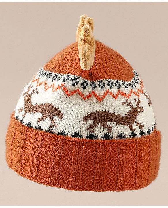 Babyhug Woollen Cap with Reindeer Applique in Red - Diameter 14 cm
