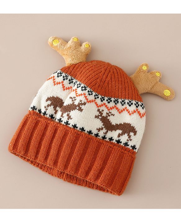 Babyhug Woollen Cap with Reindeer Applique in Red - Diameter 14 cm