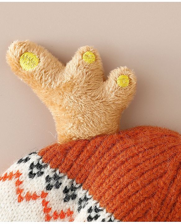 Babyhug Woollen Cap with Reindeer Applique in Red - Diameter 14 cm